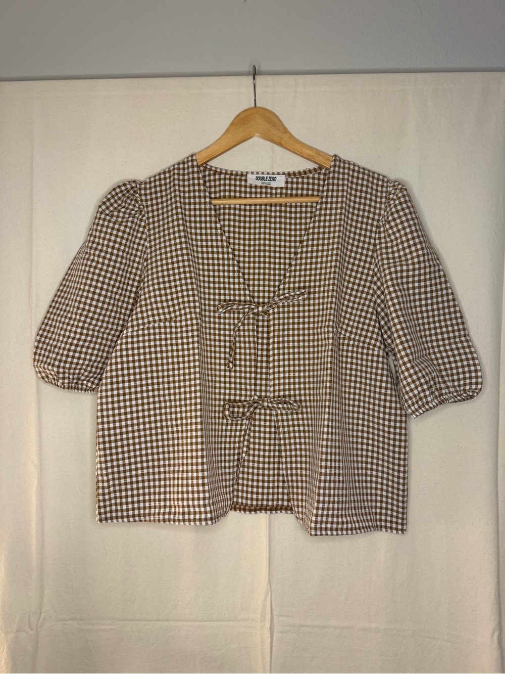 Double Zero Brown Gingham Tie-Front Puff Sleeve Blouse